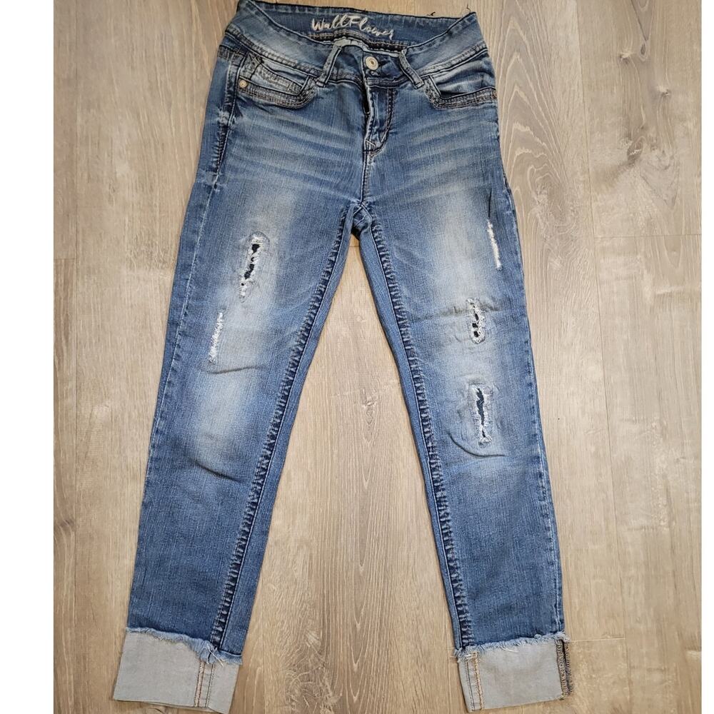 WallFlower Distressed Straight Leg Cuffed Blue Jeans Jr 1 Light Wash Y2K Denim